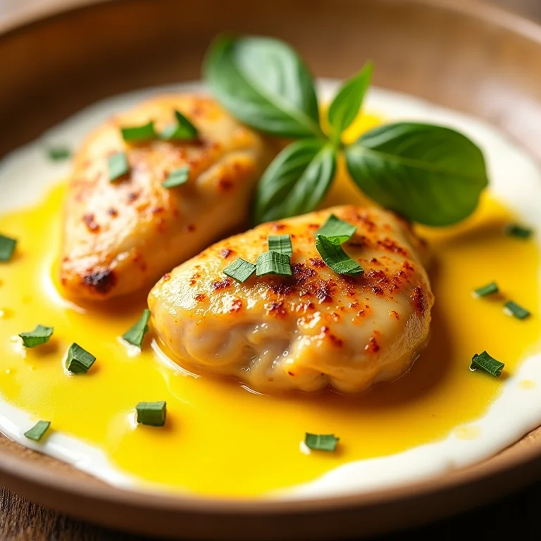 Frango ao molho de açafrão e iogurte grego, decorado com ervas frescas.