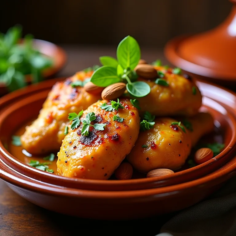 Frango Marroquino com Açafrão e Amêndoas servido em um tagine, decorado com ervas frescas.