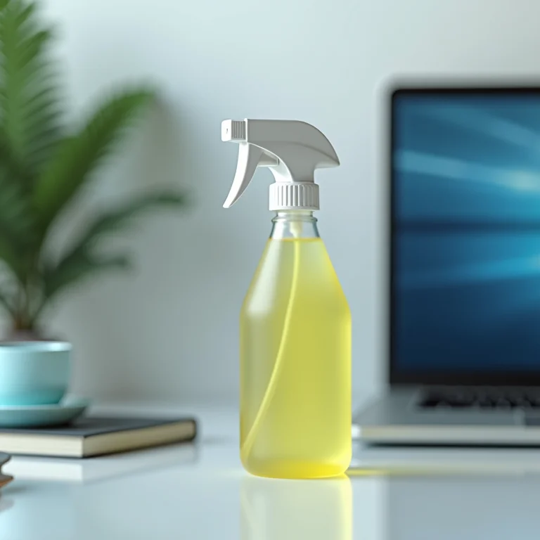 Frasco de spray com solução de limpeza caseira ao lado de um notebook.