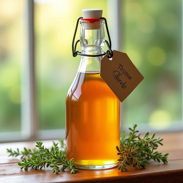 Frasco de vidro com xarope de tomilho caseiro e raminhos de tomilho.