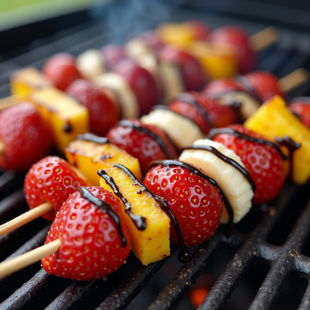 Fruit skewers on a grill, strawberries, grapes, banana, pineapple, drizzled chocolate, vibrant Espetinho doce de frutas com chocolate derretido.