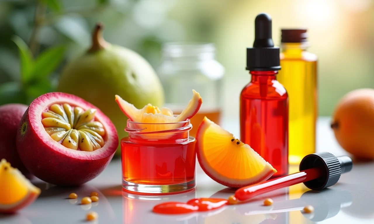 Frutas tropicais vibrantes sendo usadas em produtos cosméticos, demonstrando ingredientes naturais.