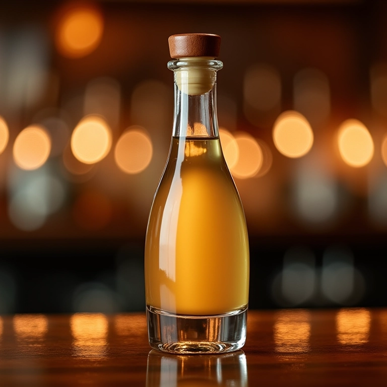 Garrafa elegante de licor cremoso de mangaba em um balcão de bar.