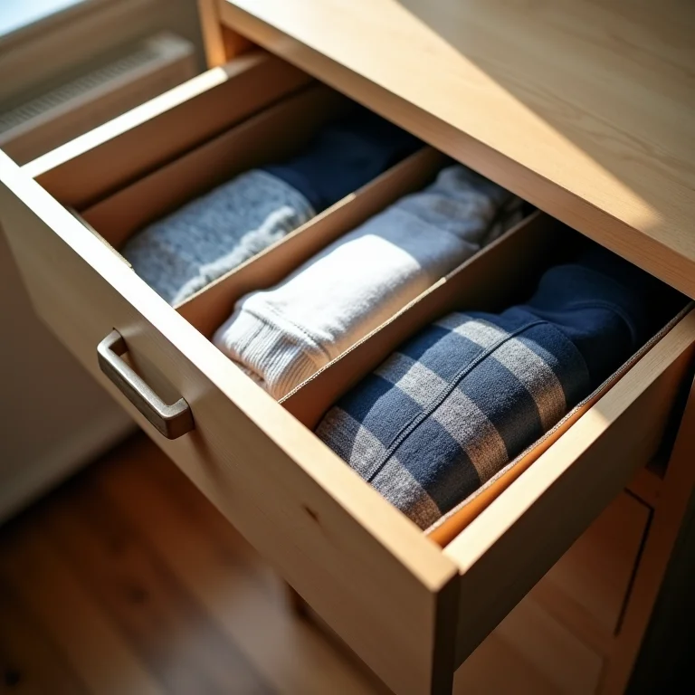 Gaveta de roupas íntimas organizada com divisórias de papelão.