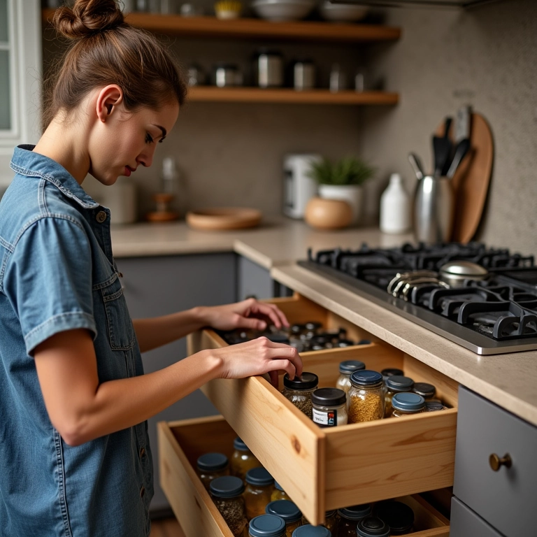 Gavetas e armários organizados com utensílios e potes.