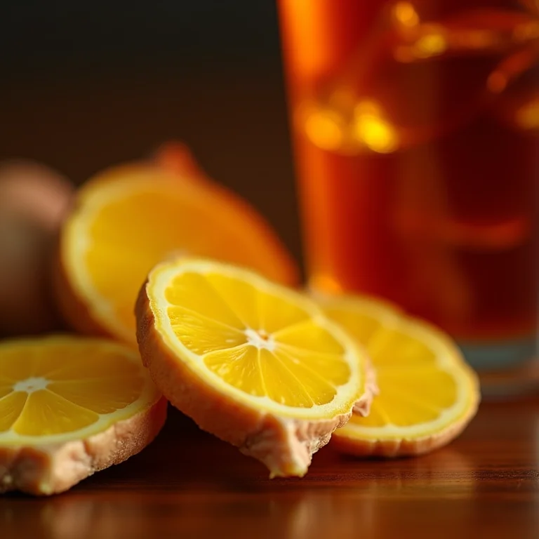 Gengibre fresco ao lado de um copo de chá preto gelado.