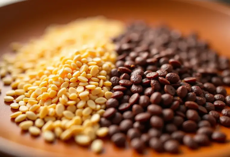 Gergelim e sementes de papoula lado a lado em close-up.