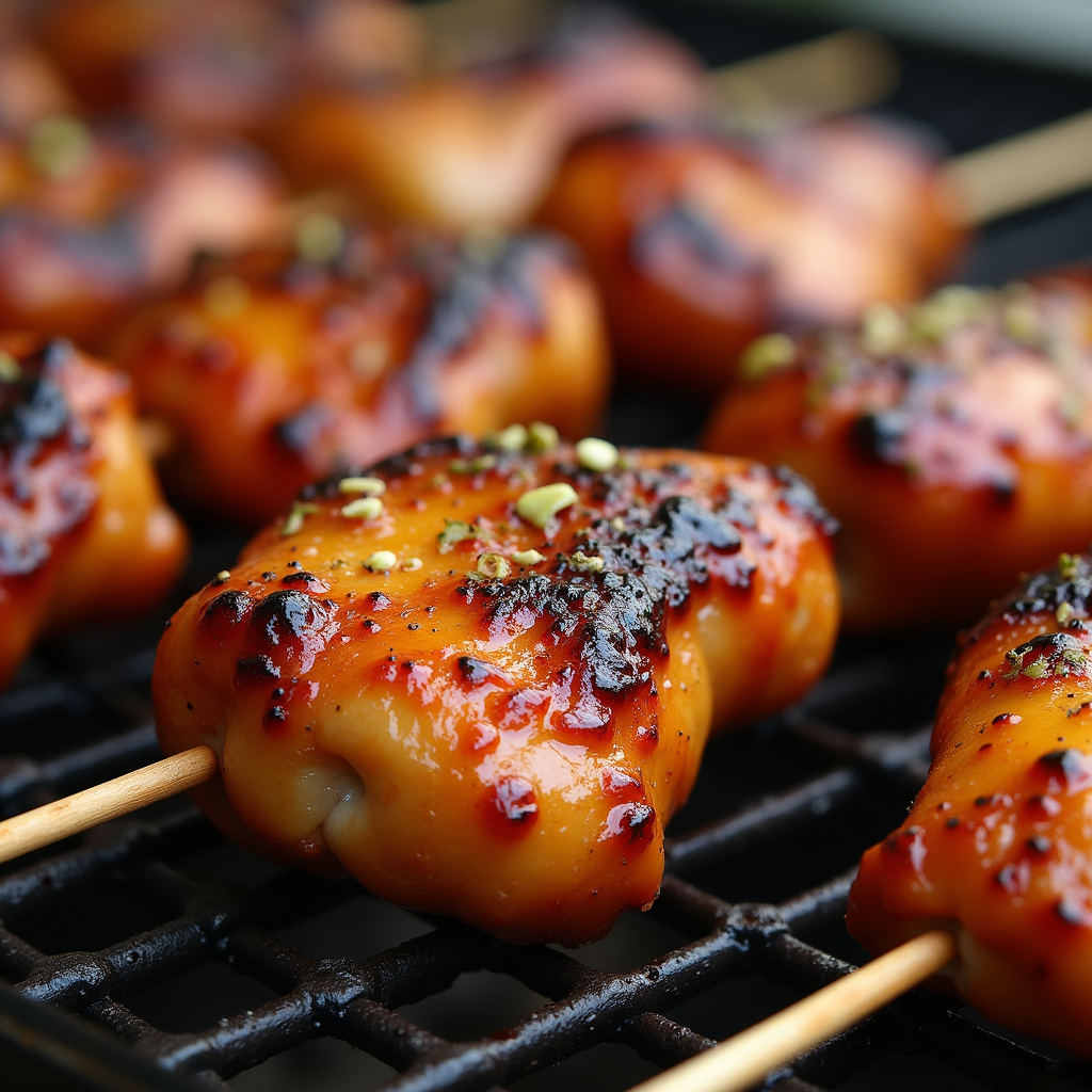 Grilled chicken heart skewers, close-up, seasoned with garlic and pepper, vibrant colors, natural Espetinho de coração de frango temperado.
