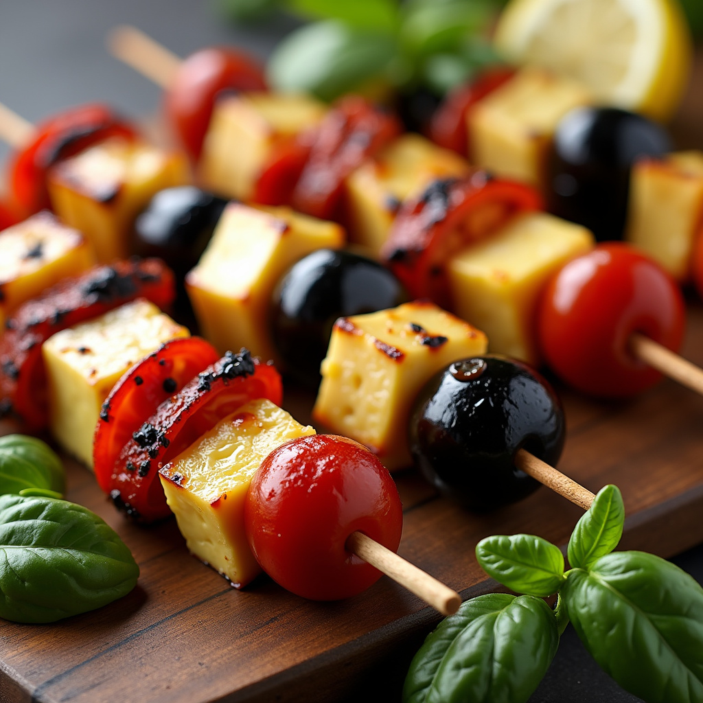 Grilled coalho cheese skewers with sun-dried tomatoes and black olives, close-up, vibrant colors, Espetinho de queijo coalho com tomate seco e azeitona preta.