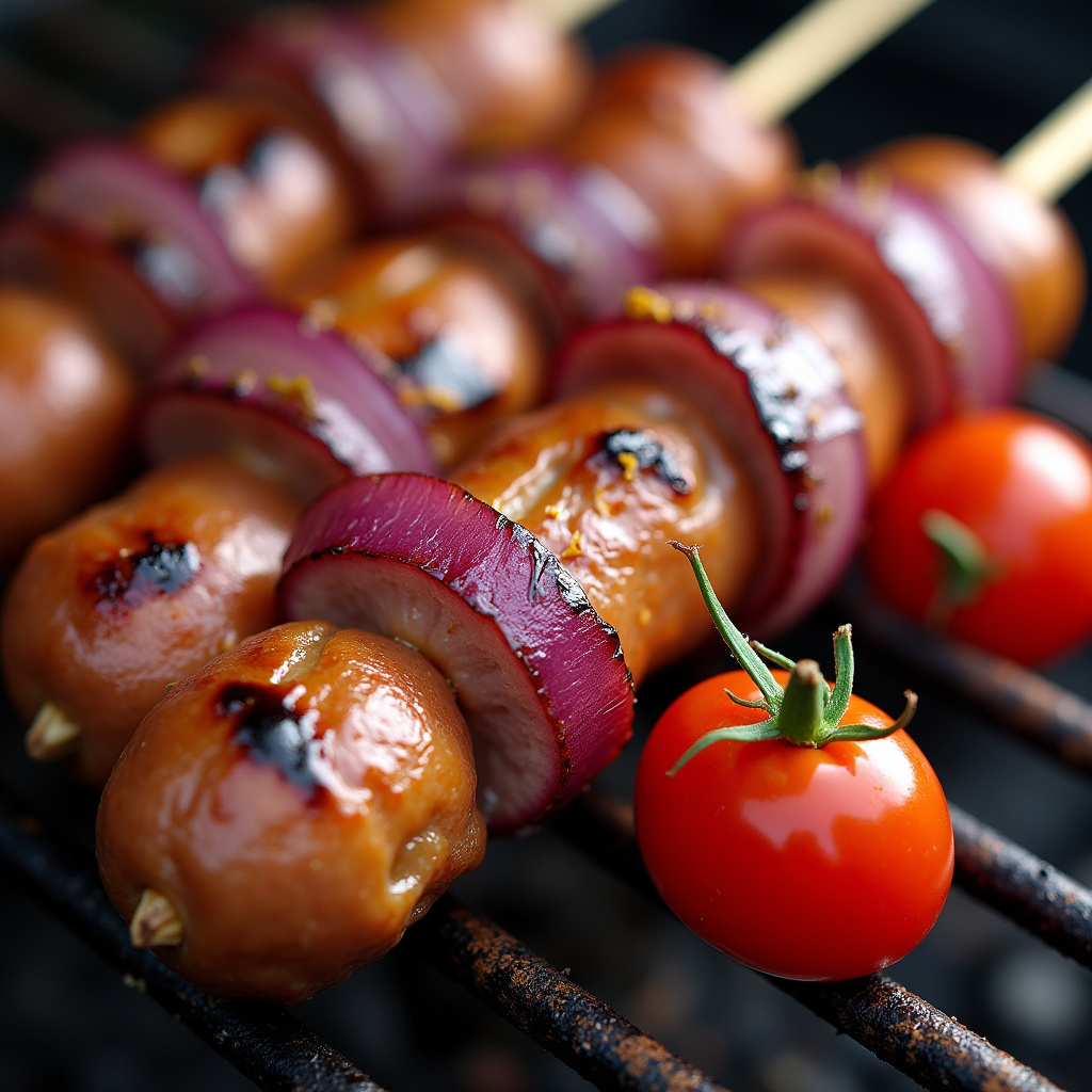 Grilled Toscana sausage skewers with red onion and cherry tomatoes, close-up, rustic grill, vibrant Espetinho de linguiça toscana com cebola roxa e tomate cereja.