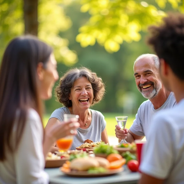 Grupo de adultos saudáveis desfrutando refeição ao ar livre