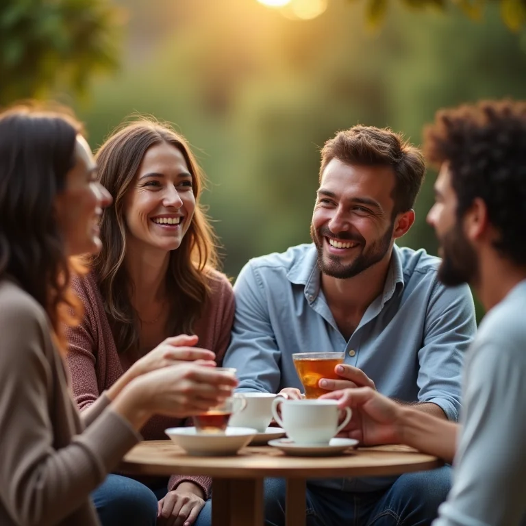 Grupo de pessoas bebendo chá ao ar livre