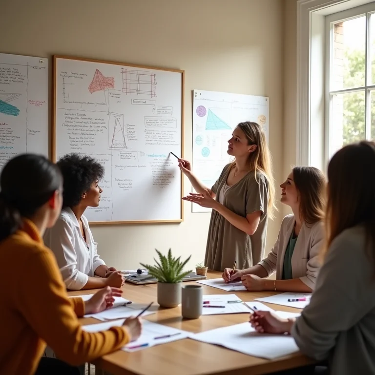 Grupo diverso criando um mural de visão em uma sala iluminada