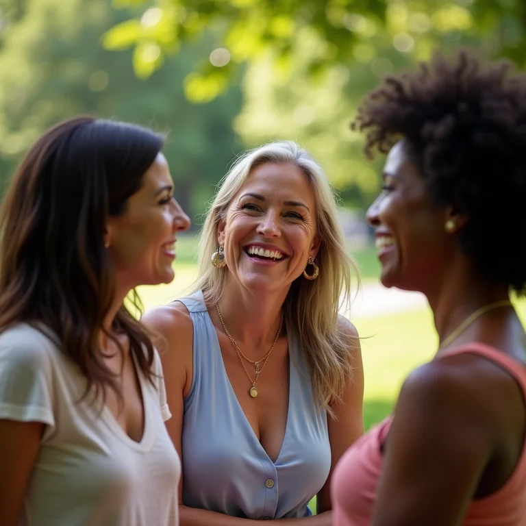 Grupo diverso de mulheres conversando e sorrindo em parque ensolarado