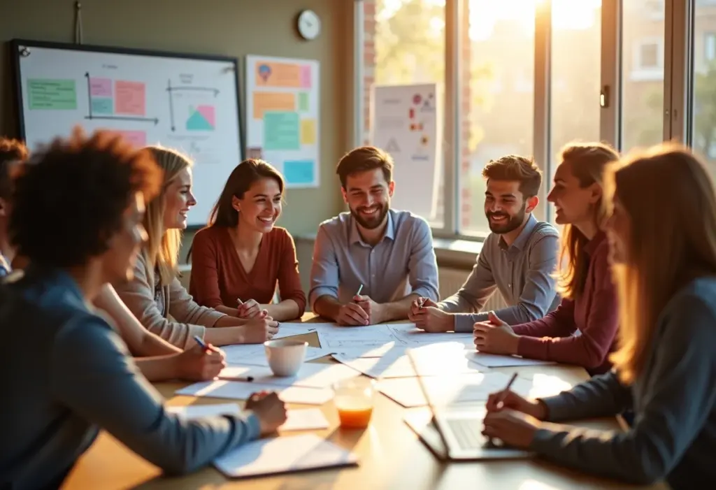Grupo diverso planejando um projeto de vida em um ambiente de trabalho moderno e iluminado.