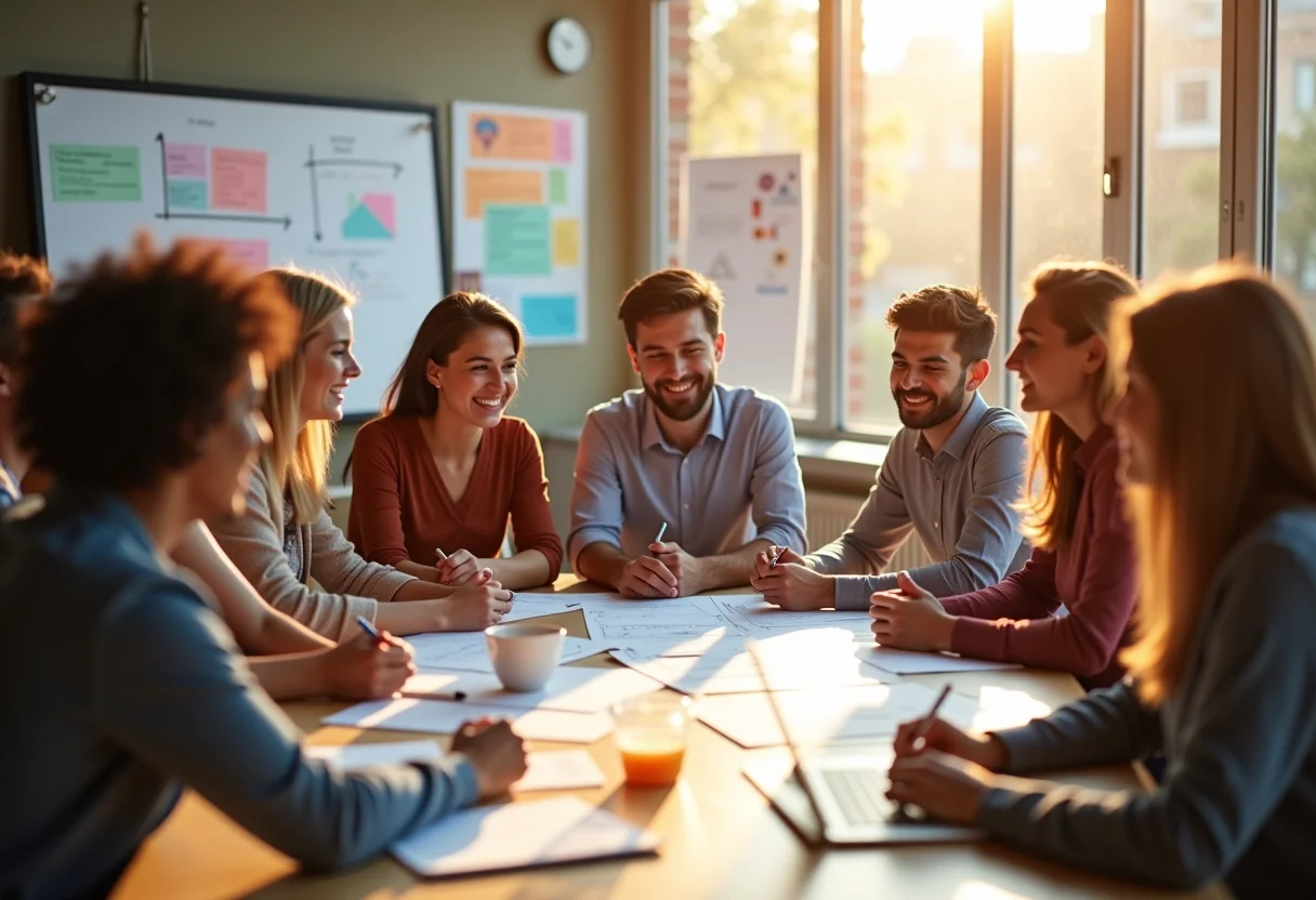 Grupo diverso planejando um projeto de vida em um ambiente de trabalho moderno e iluminado.