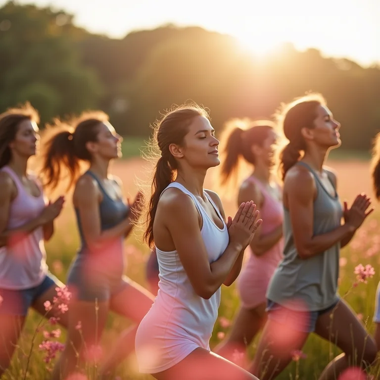 Grupo diverso praticando exercícios ao ar livre com pimenta rosa.