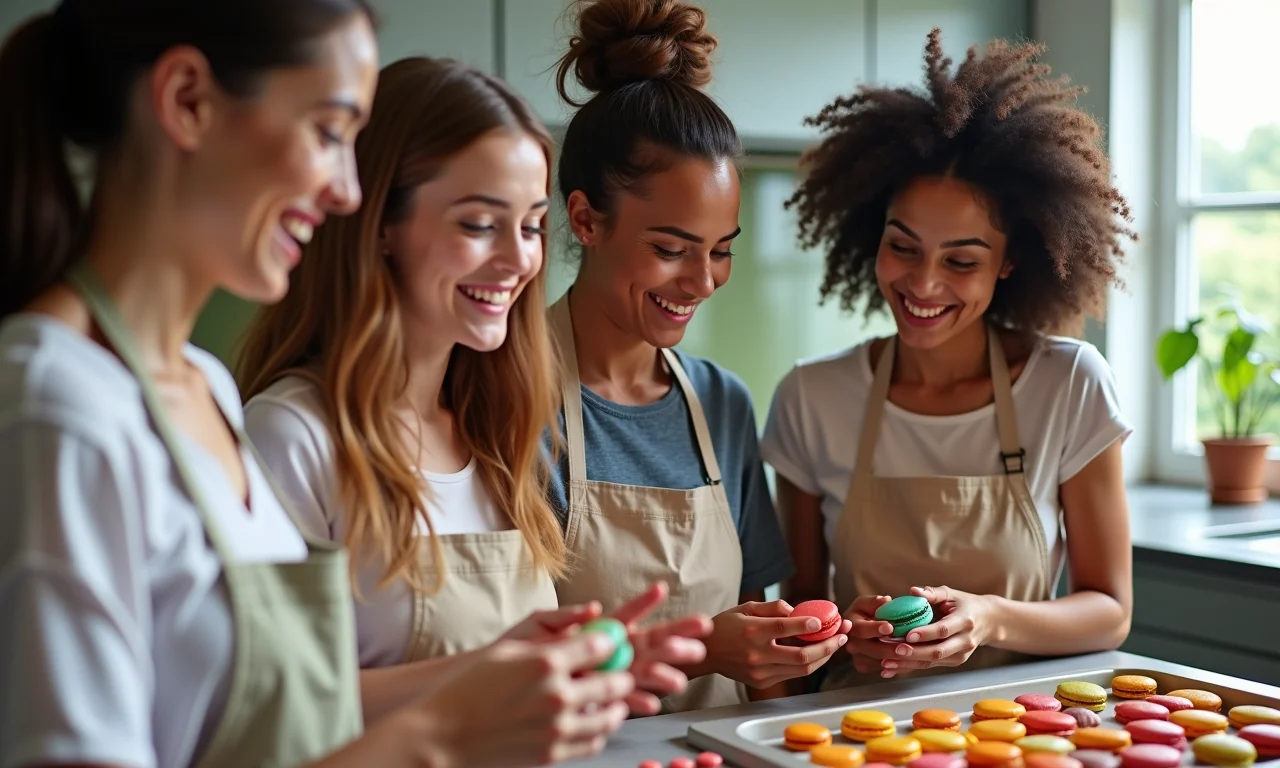 Grupo diverso preparando macarons coloridos em cozinha brasileira.