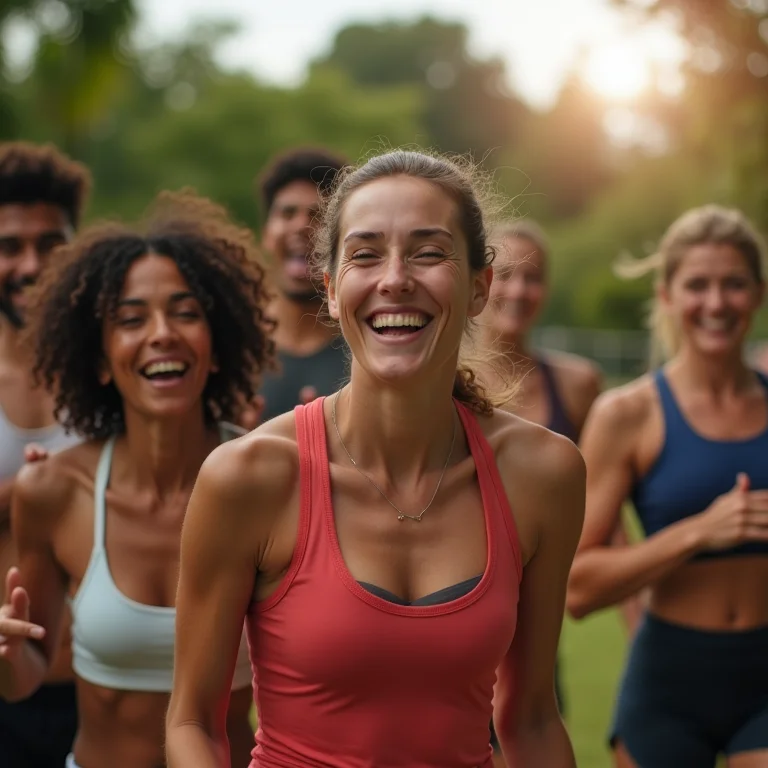 Grupo diverso se exercitando com Melão-de-São-Caetano ao fundo
