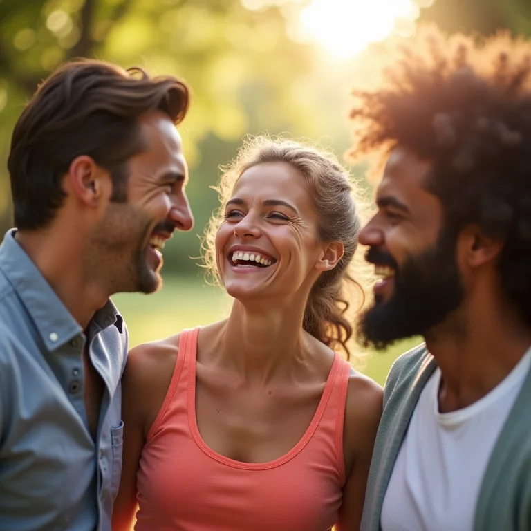 Grupo diverso sorrindo em ambiente saudável, sistema imunológico fortalecido.