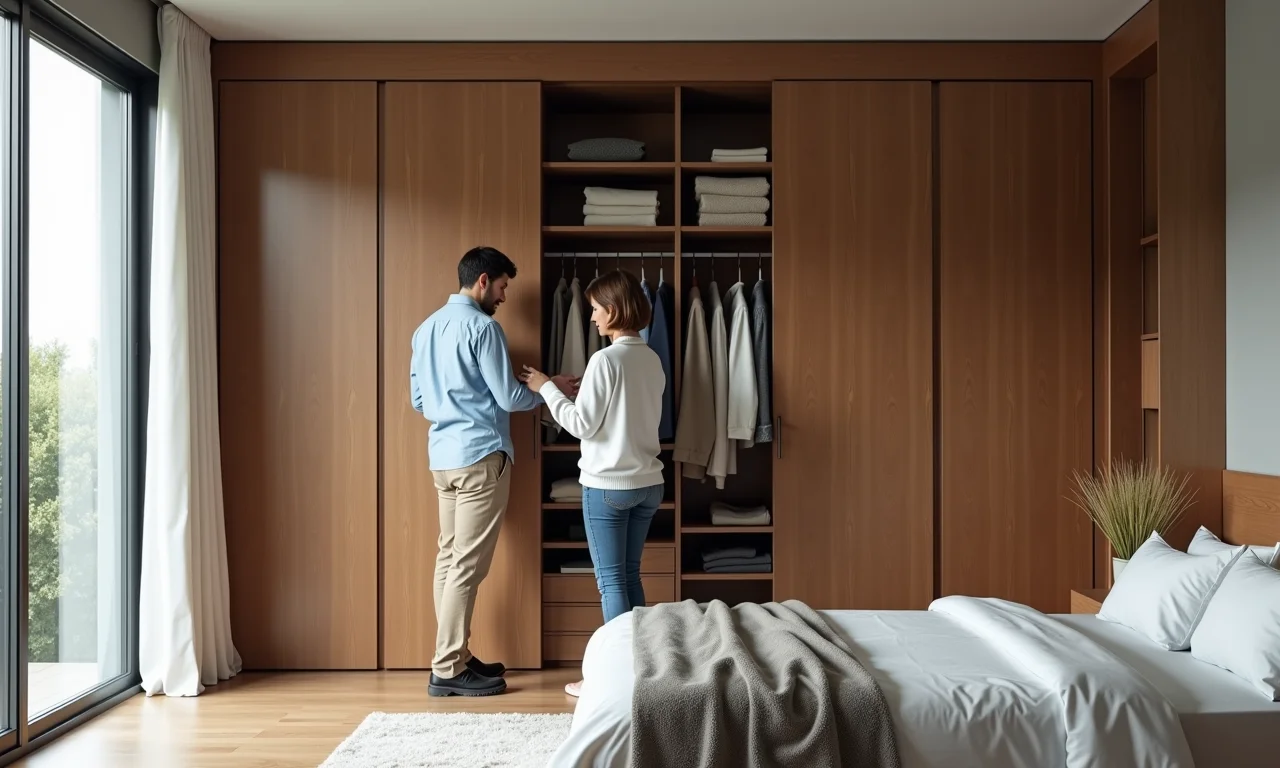 Guarda-roupa com portas de correr otimizando o espaço em quarto de casal.