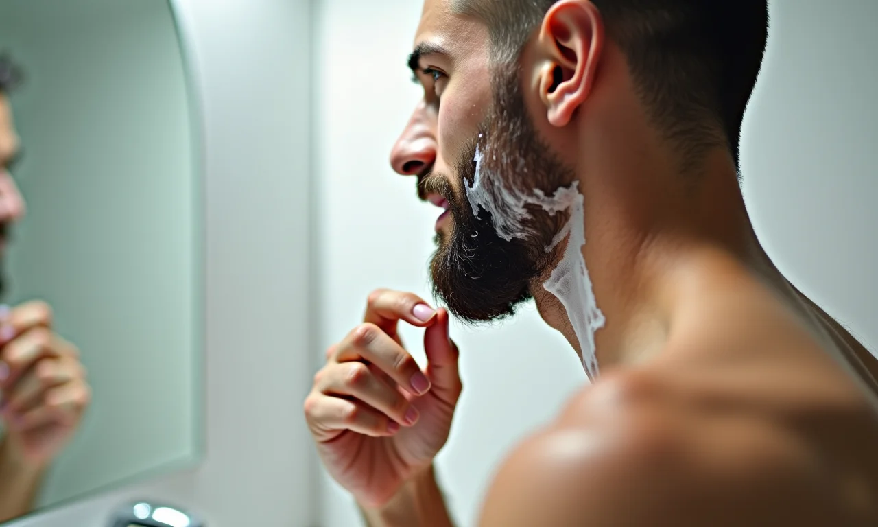 Homem fechando torneira ao fazer a barba, economizando água.