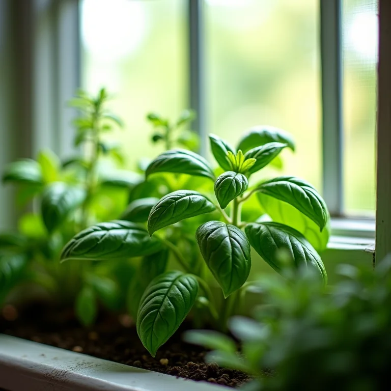 Horta de ervas aromáticas em janela de cozinha