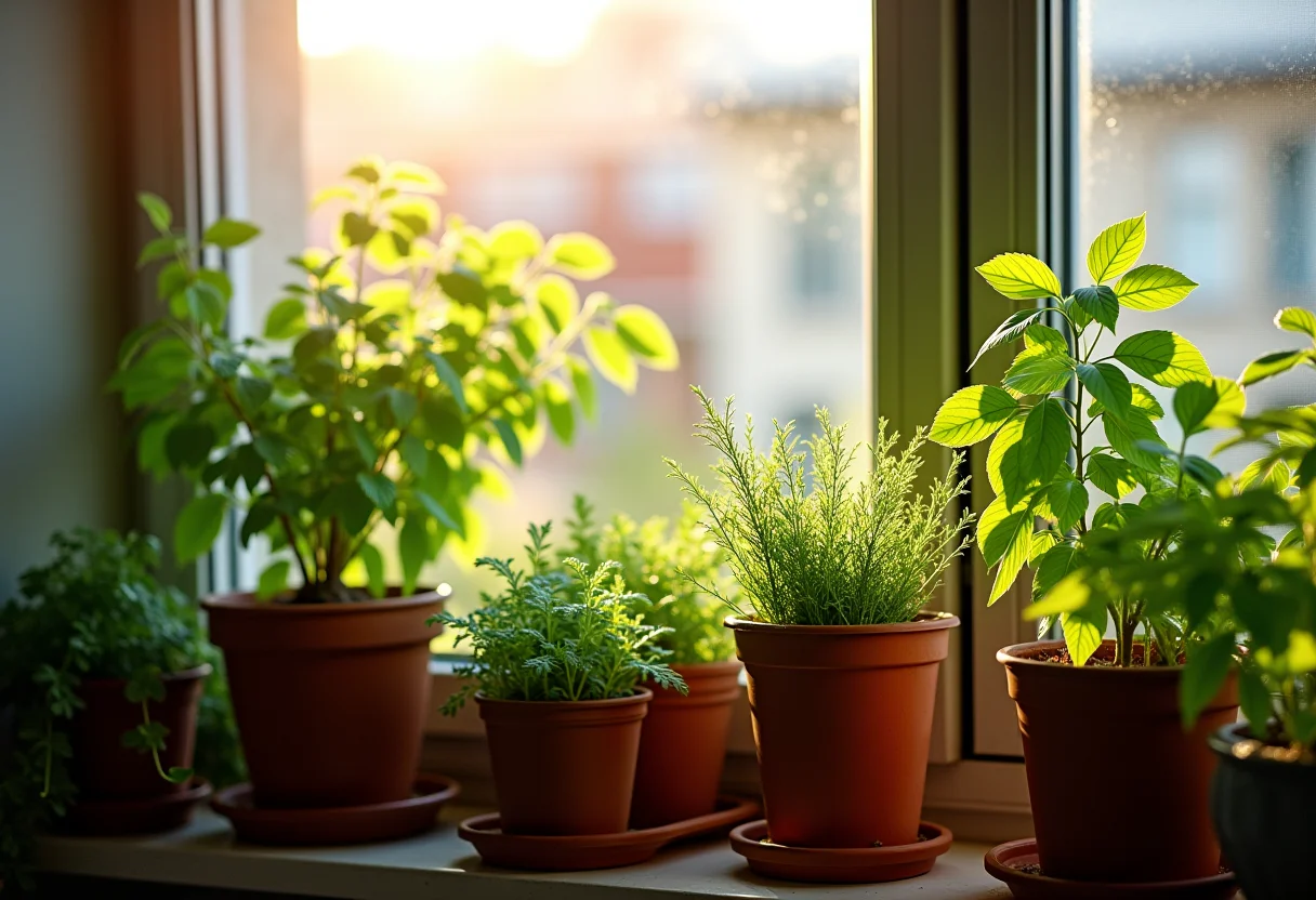Horta de temperos exuberante em varanda de apartamento iluminada pelo sol da manhã.