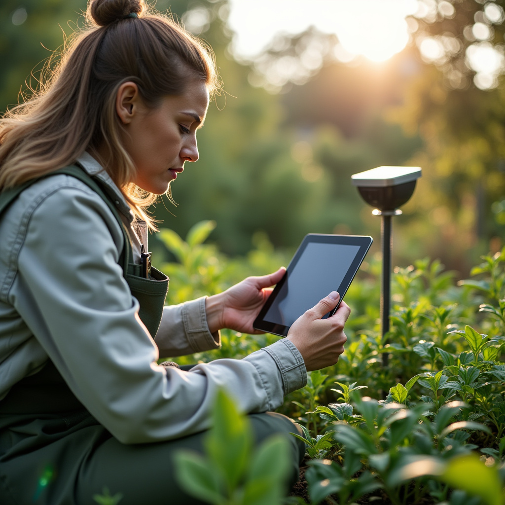 Horticulturalist monitoring garden remotely via tablet, solar panel powered sensors, professional Monitoramento remoto de horta com energia solar e IoT.