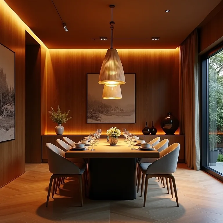 Iluminação aconchegante em sala de jantar pequena