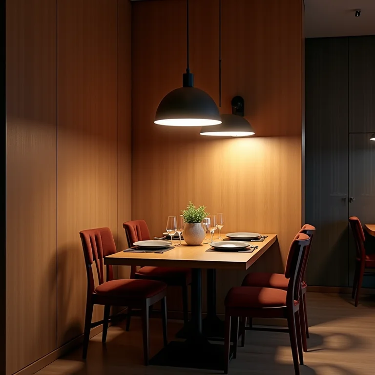 Iluminação estratégica valorizando uma sala de jantar pequena.