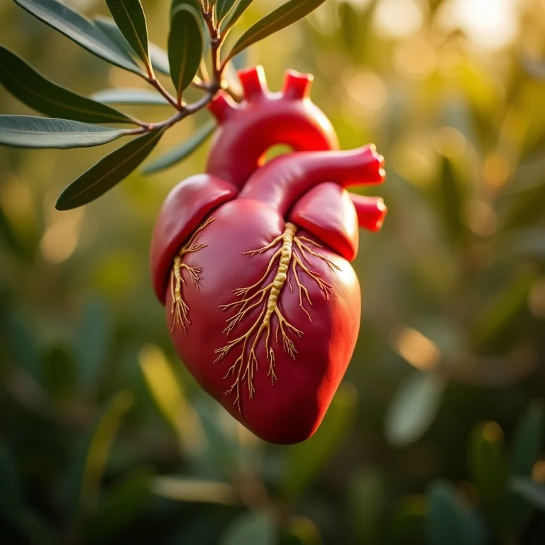 Ilustração de um coração saudável sobreposta a folhas de oliveira.