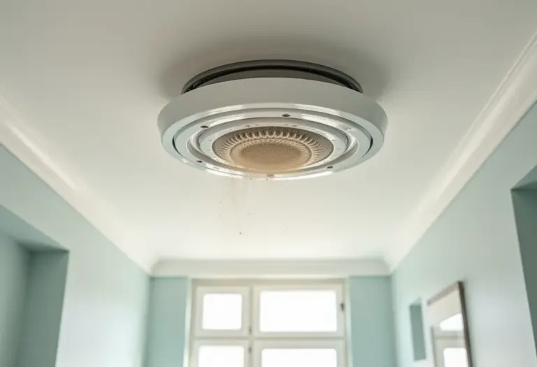 Imagem de um banheiro moderno com um exaustor de teto empoeirado, indicando má ventilação.