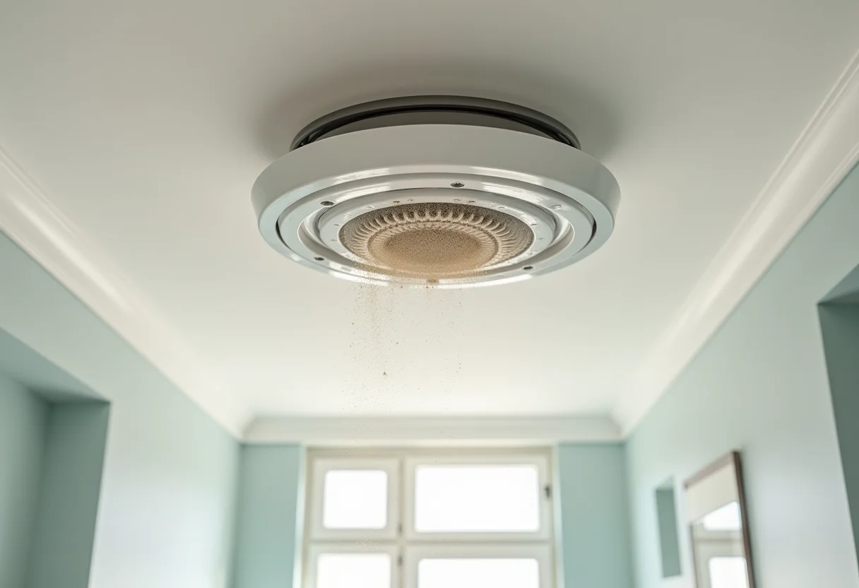 Imagem de um banheiro moderno com um exaustor de teto empoeirado, indicando má ventilação.