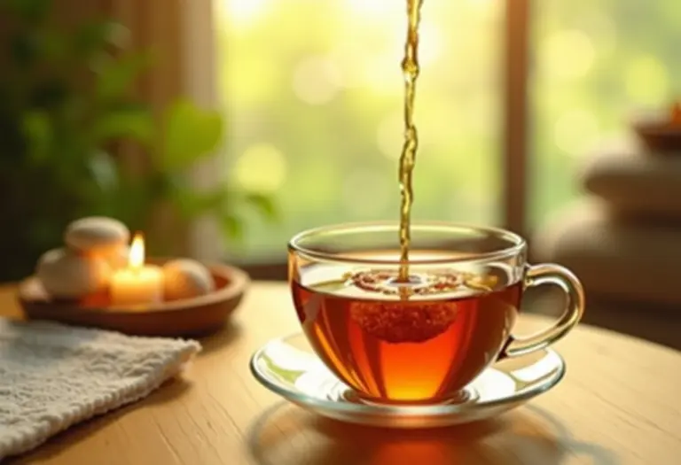 Imagem panorâmica de um spa com chá de ervas sendo servido, representando relaxamento e bem-estar.