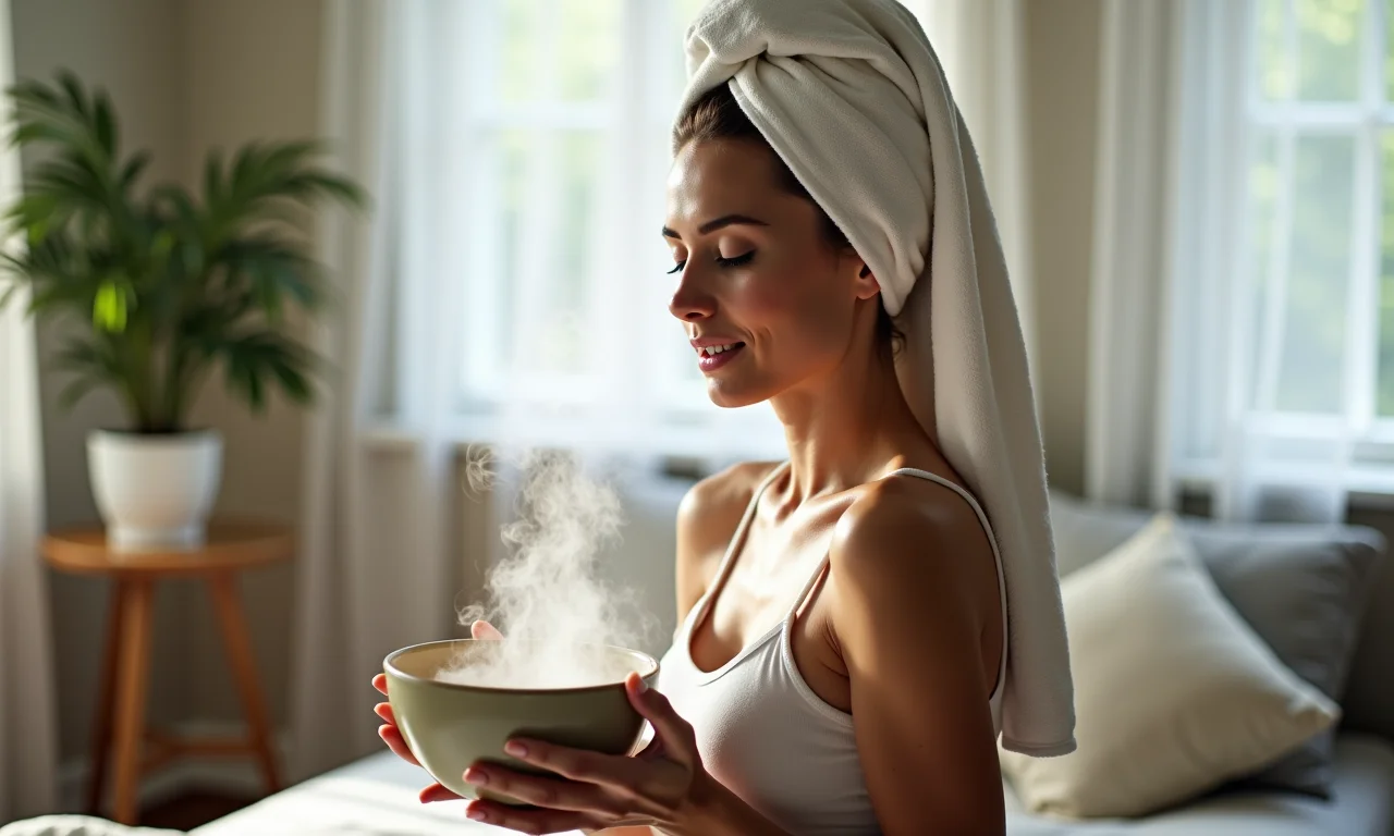 Inalação de vapor de eucalipto para descongestionar o nariz.