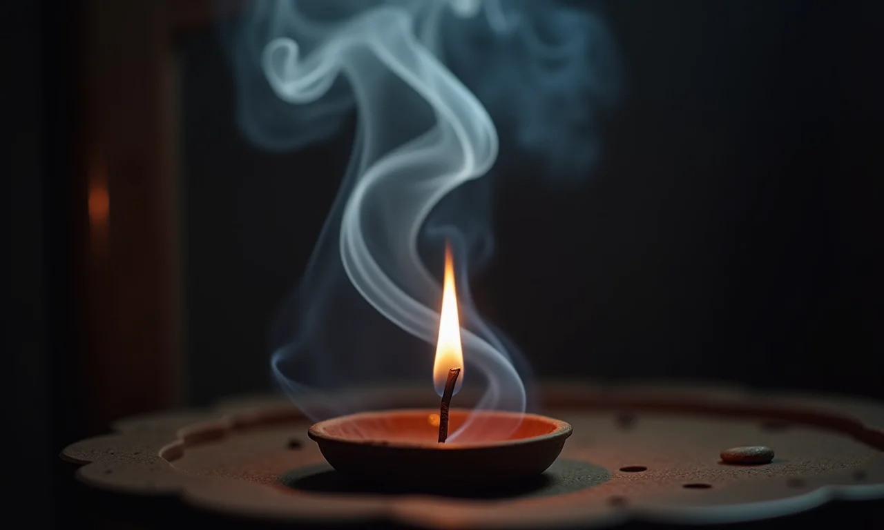 Incenso queimando com fumaça dançante, interpretando a mensagem da chama.