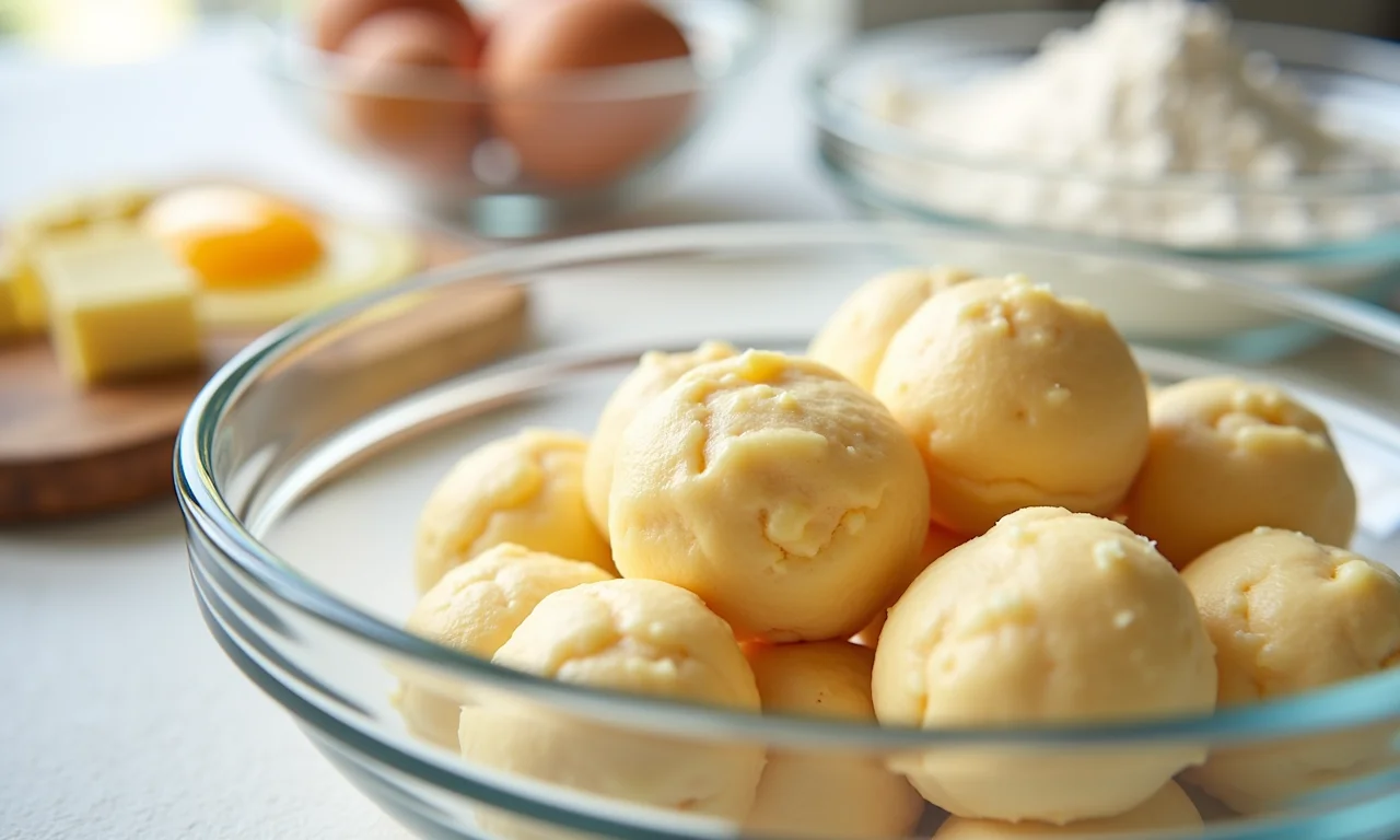 Ingredientes da massa choux: farinha, manteiga, ovos e água.