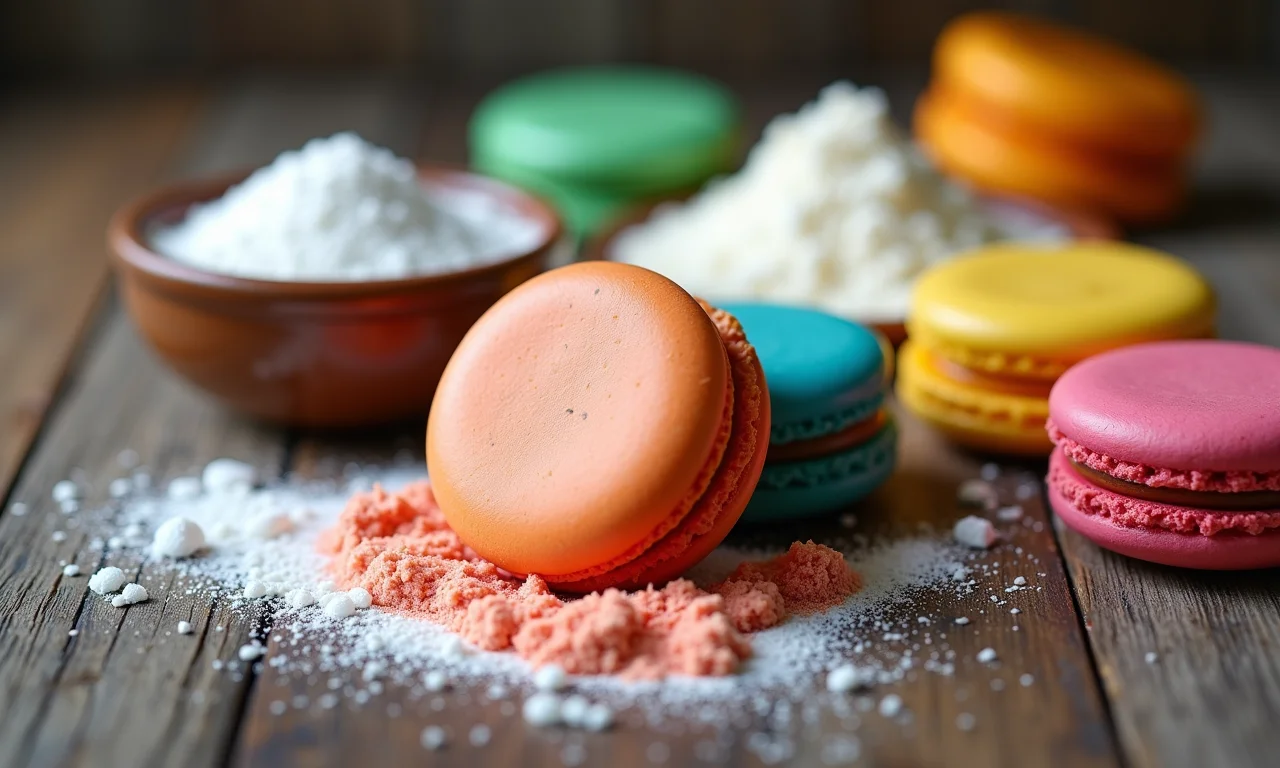 Ingredientes de alta qualidade para macarons em mesa de madeira.