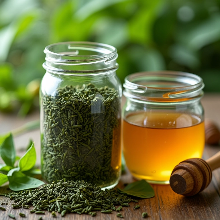 Ingredientes frescos para Jun tea: chá verde, mel e SCOBY.