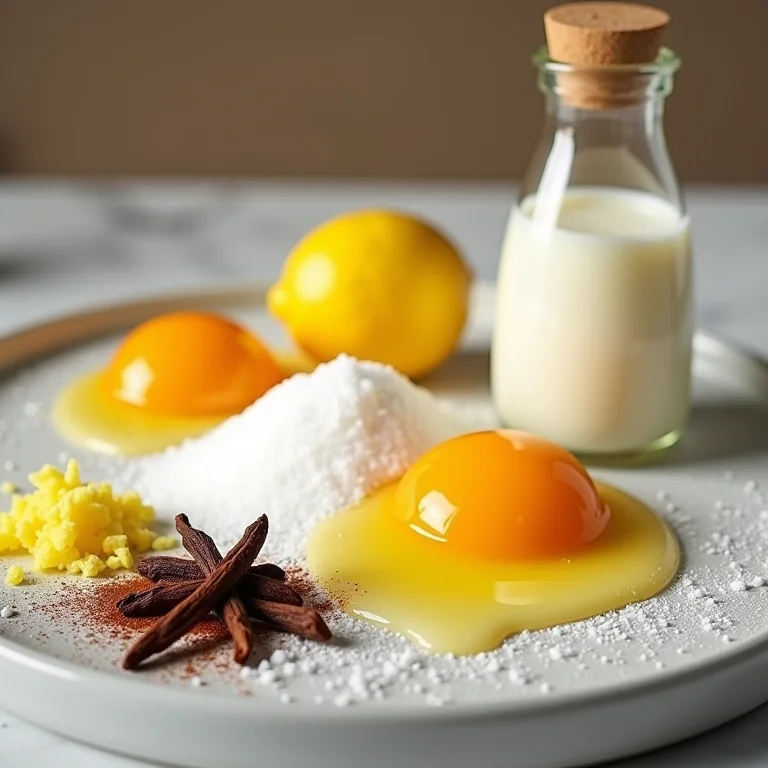 Ingredientes frescos para preparar ambrosia: ovos, açúcar, leite, raspas de limão e cravos.