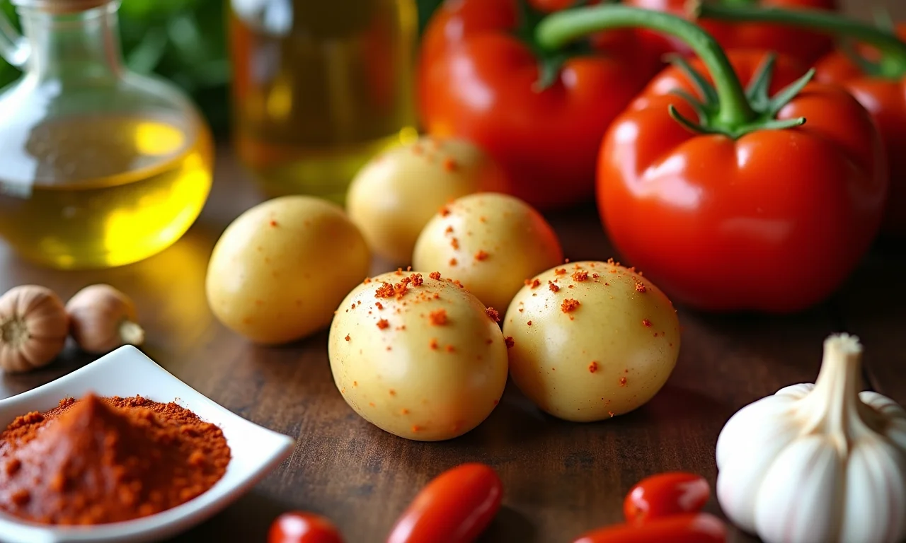 Ingredientes frescos para preparar batatas bravas.
