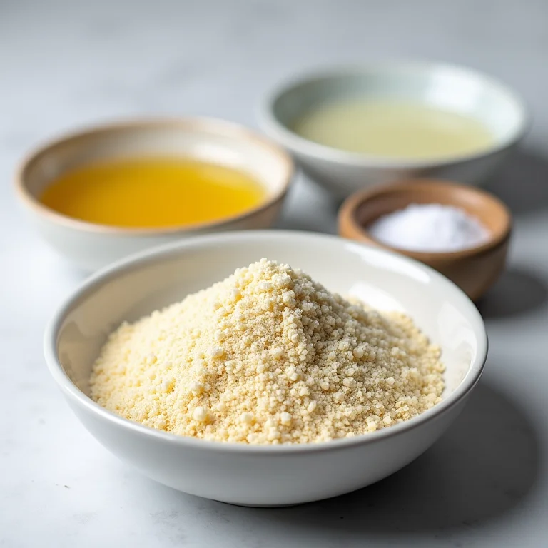 Ingredientes medidos para a receita do pão de queijo de quinoa.