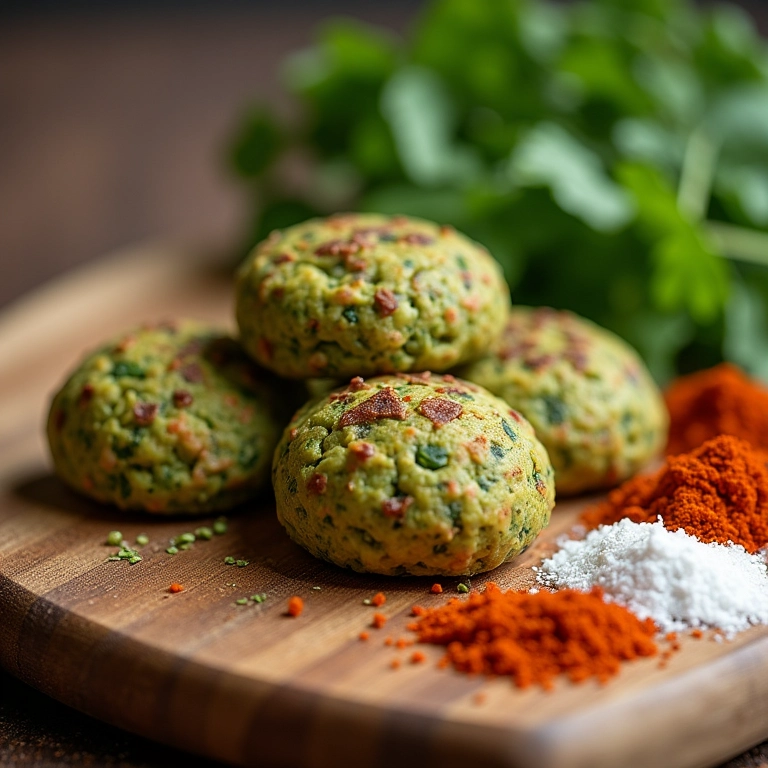 Ingredientes para falafel dispostos artisticamente em tábua de madeira.