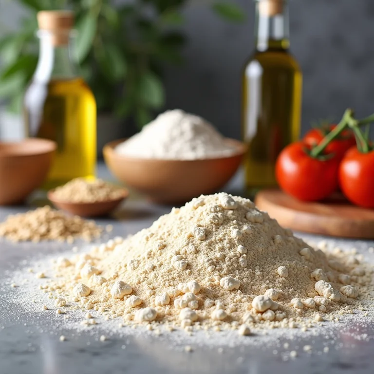 Ingredientes para massa de pizza com aveia dispostos em uma bancada