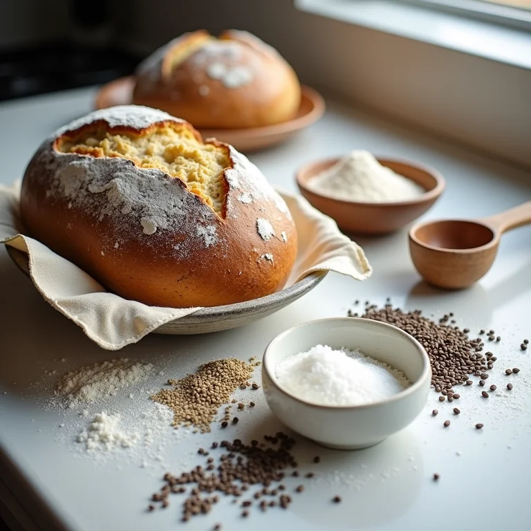 Ingredientes para pão de centeio dispostos em bancada de cozinha.