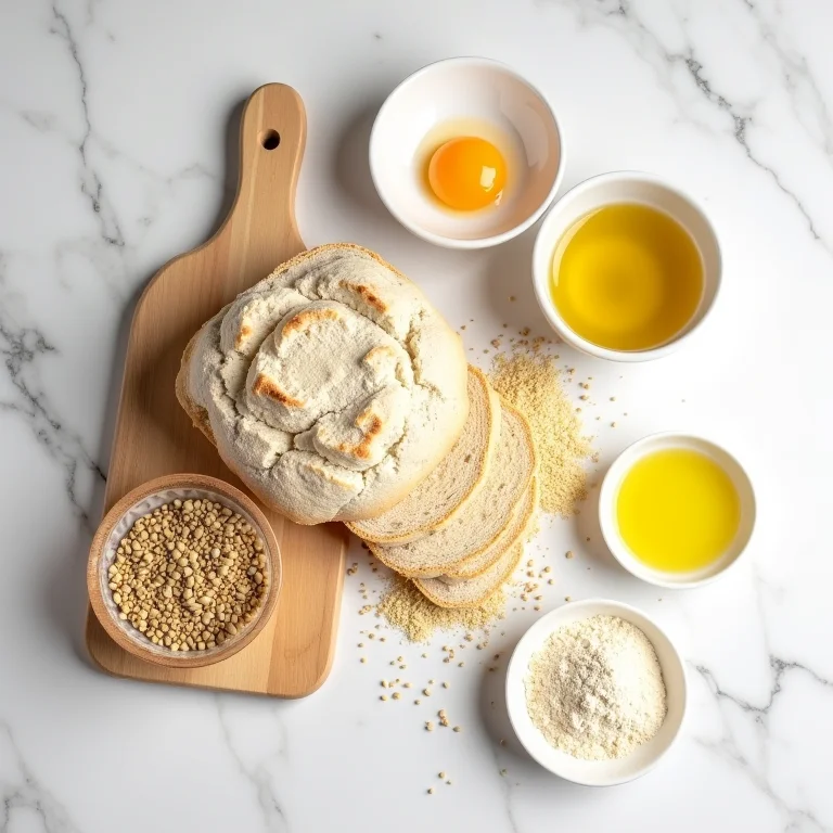 Ingredientes para pão de quinoa dispostos em bancada de mármore