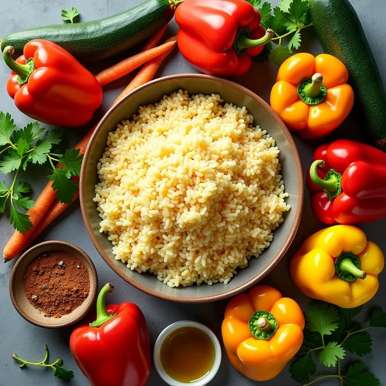 Ingredientes variados para preparar cuscuz de arroz.