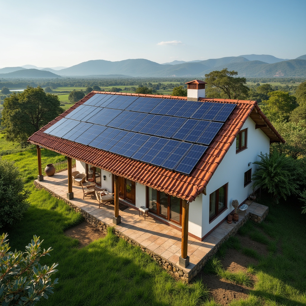 Installation of solar panels on a small rural property, professional photography, 8K quality, sharp Custo inicial da instalação de painéis solares na horta.