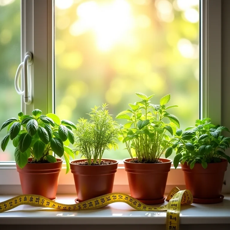 Janela ensolarada com diferentes vasos de temperos (manjericão, hortelã, alecrim) crescendo exuberantemente.